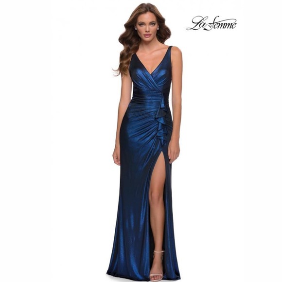 La Femme Dresses & Skirts - La Femme Navy Blue Metallic V-Neck Ruched Gown with Thigh Slit